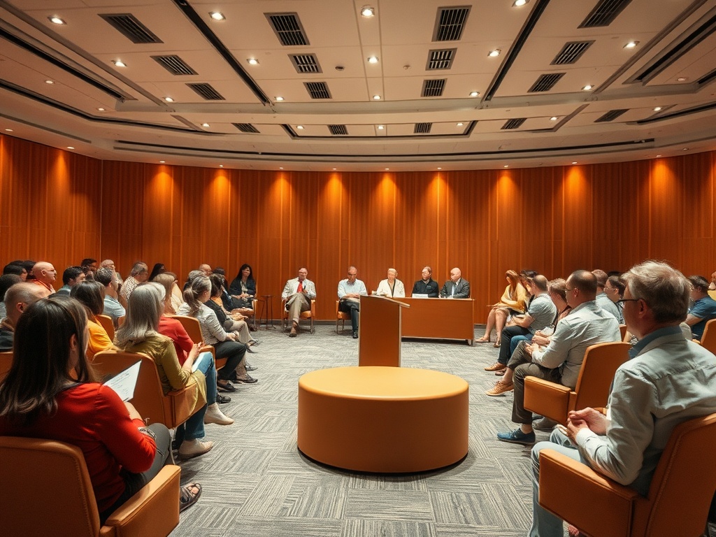 В зале проходят обсуждения, участники сидят в кругу, в центре - стол и аудитория.