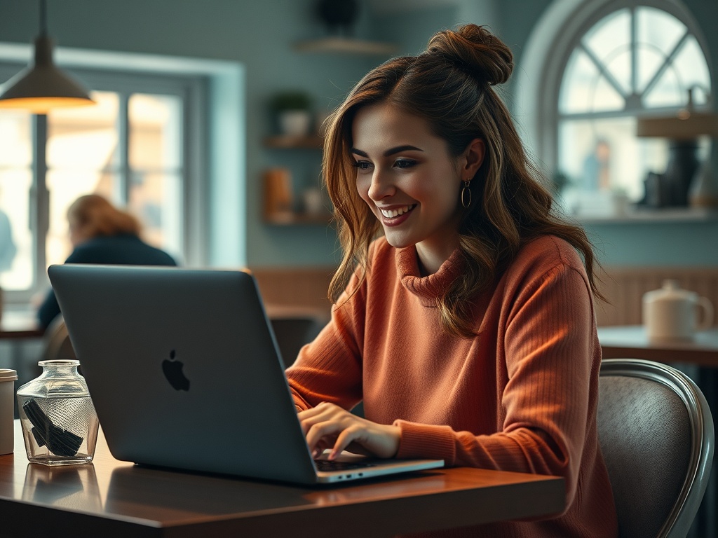 Молодая женщина в уютном кафе улыбается, работая за ноутбуком. На столе чашка и банка с канцелярией.