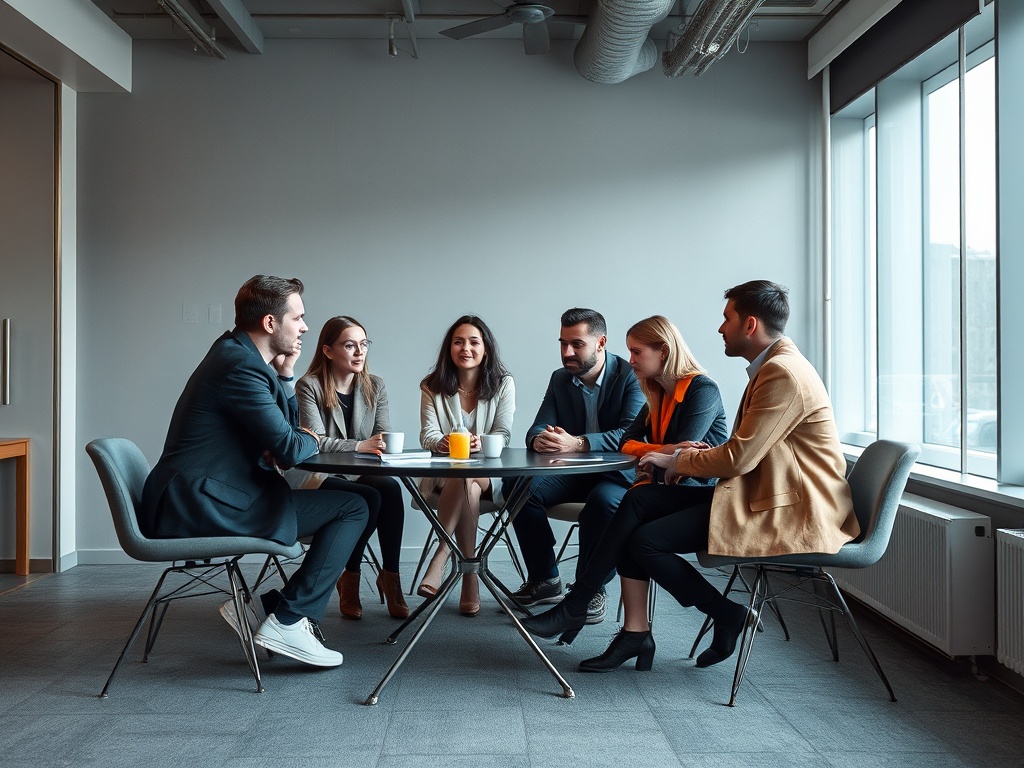 Группа людей в деловых костюмах за круглым столом в офисе, обсуждают важные вопросы.