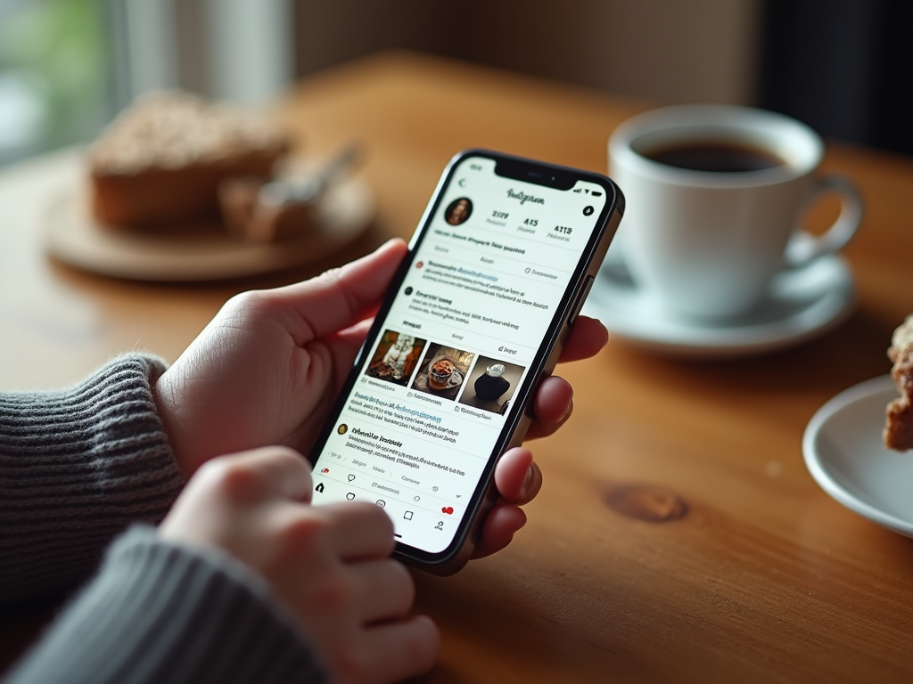 Женские руки держат смартфон с открытым Instagram, на столе чашка кофе и кекс.
