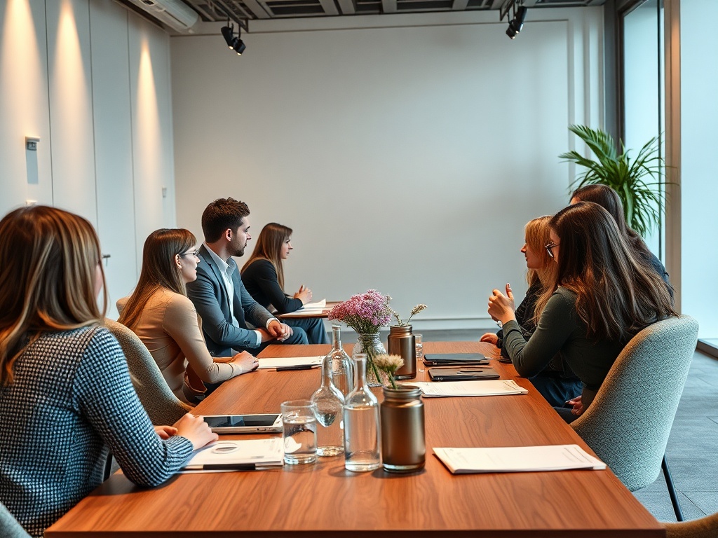 Внешний вид состязательной комиссии: участники обсуждают вопросы на деловой встрече в светлом офисе.