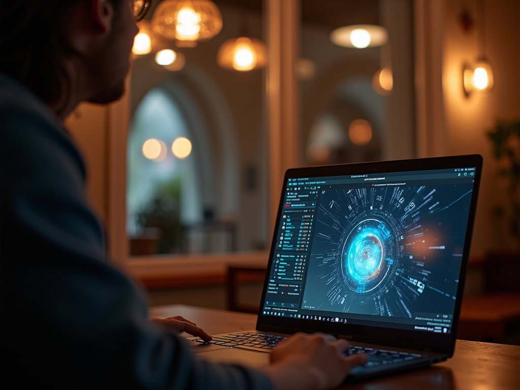 Мужчина работает за ноутбуком с футуристическим интерфейсом в уютной комнате.