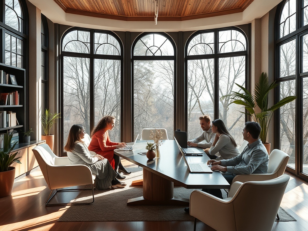 Совместная работа в современном офисе с большими окнами и уютной атмосферой, шесть человек за круглым столом.