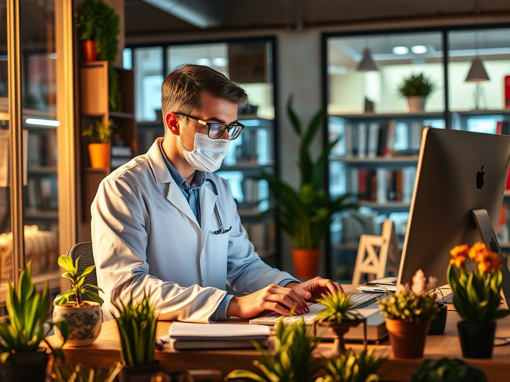 Молодой врач в маске работает за компьютером в уютном офисе с растениями и книгами.