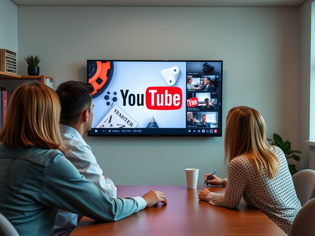Трое людей смотрят видео на YouTube в современном офисе, перед ними экран и стол с чашкой кофе.