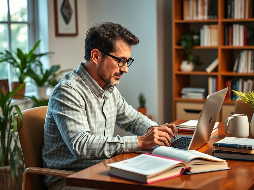 Молодой мужчина работает за столом с ноутбуком, книгами и зелеными растениями вокруг. Уютный офис.