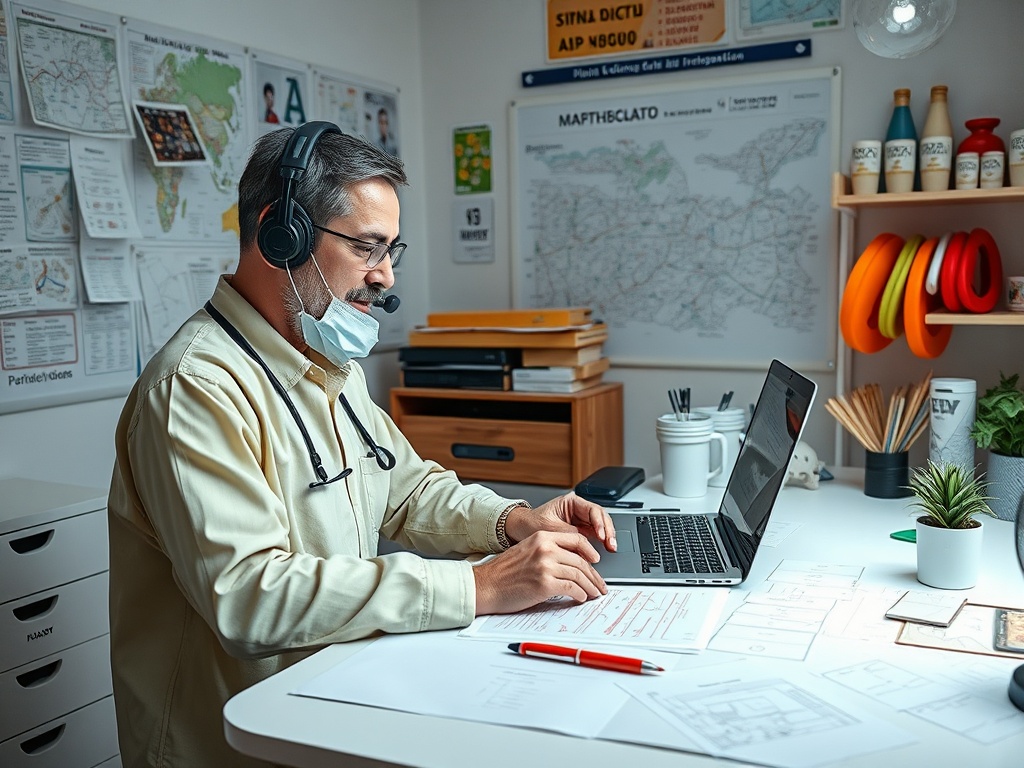 Мужчина в наушниках и маске работает за ноутбуком в офисе, окружённый картами и документами.