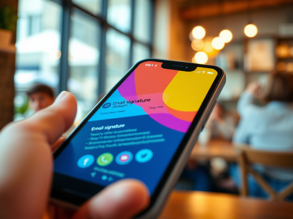 На изображении телефон с экраном, показывающим приложение для создания подписей в электронной почте.